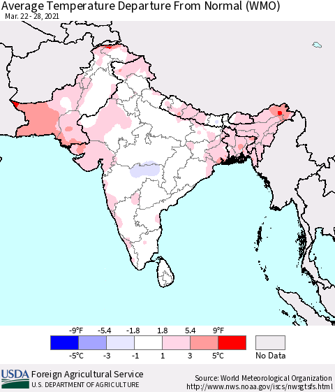 Southern Asia Average Temperature Departure from Normal (WMO) Thematic Map For 3/22/2021 - 3/28/2021