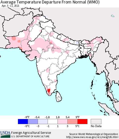 Southern Asia Average Temperature Departure from Normal (WMO) Thematic Map For 4/5/2021 - 4/11/2021