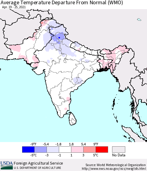 Southern Asia Average Temperature Departure from Normal (WMO) Thematic Map For 4/19/2021 - 4/25/2021
