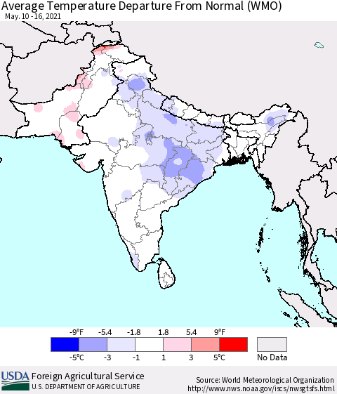 Southern Asia Average Temperature Departure from Normal (WMO) Thematic Map For 5/10/2021 - 5/16/2021