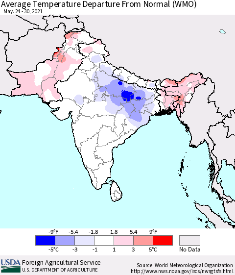 Southern Asia Average Temperature Departure from Normal (WMO) Thematic Map For 5/24/2021 - 5/30/2021