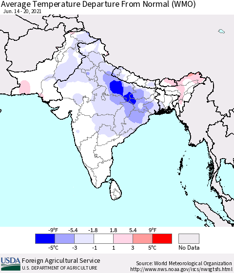 Southern Asia Average Temperature Departure from Normal (WMO) Thematic Map For 6/14/2021 - 6/20/2021