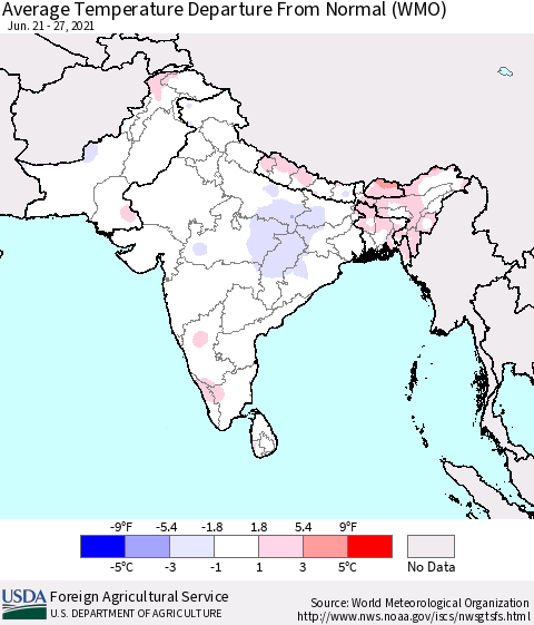 Southern Asia Average Temperature Departure from Normal (WMO) Thematic Map For 6/21/2021 - 6/27/2021