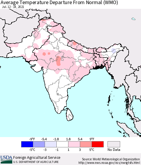 Southern Asia Average Temperature Departure from Normal (WMO) Thematic Map For 7/12/2021 - 7/18/2021