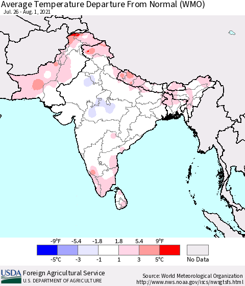 Southern Asia Average Temperature Departure from Normal (WMO) Thematic Map For 7/26/2021 - 8/1/2021