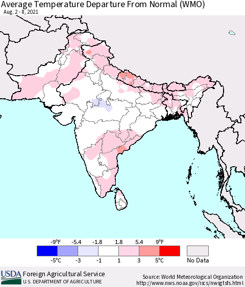 Southern Asia Average Temperature Departure from Normal (WMO) Thematic Map For 8/2/2021 - 8/8/2021