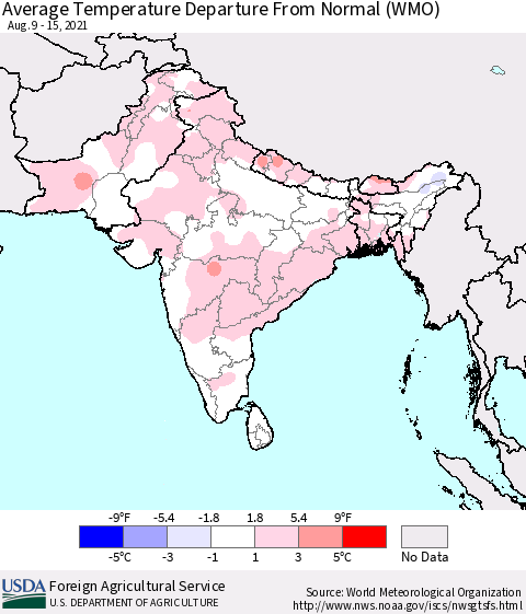 Southern Asia Average Temperature Departure from Normal (WMO) Thematic Map For 8/9/2021 - 8/15/2021