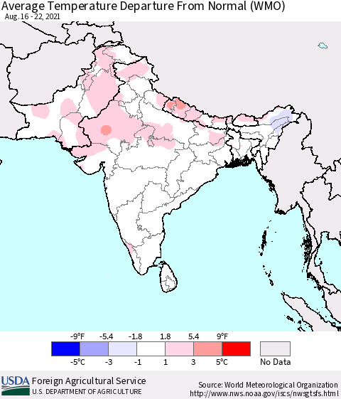 Southern Asia Average Temperature Departure from Normal (WMO) Thematic Map For 8/16/2021 - 8/22/2021