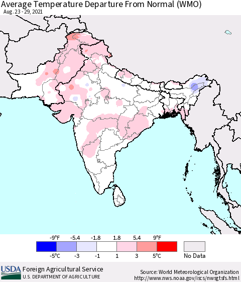 Southern Asia Average Temperature Departure from Normal (WMO) Thematic Map For 8/23/2021 - 8/29/2021