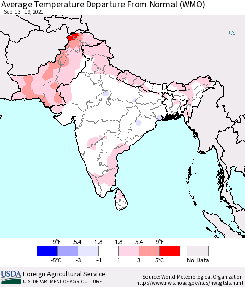 Southern Asia Average Temperature Departure from Normal (WMO) Thematic Map For 9/13/2021 - 9/19/2021