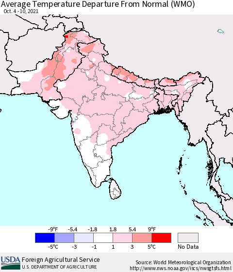 Southern Asia Average Temperature Departure from Normal (WMO) Thematic Map For 10/4/2021 - 10/10/2021