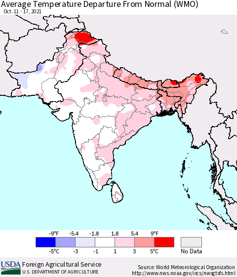 Southern Asia Average Temperature Departure from Normal (WMO) Thematic Map For 10/11/2021 - 10/17/2021