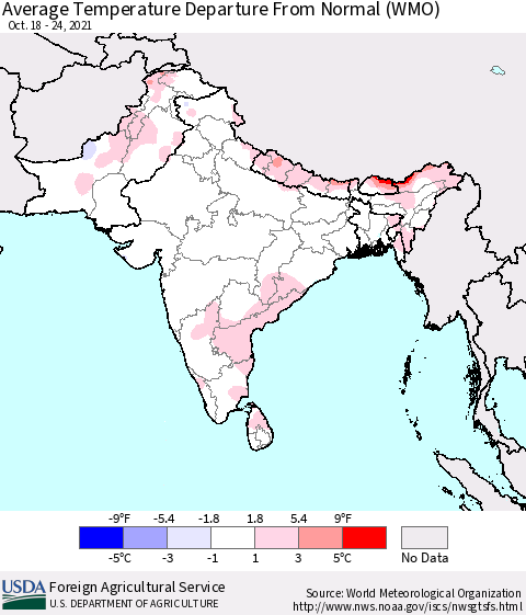 Southern Asia Average Temperature Departure from Normal (WMO) Thematic Map For 10/18/2021 - 10/24/2021