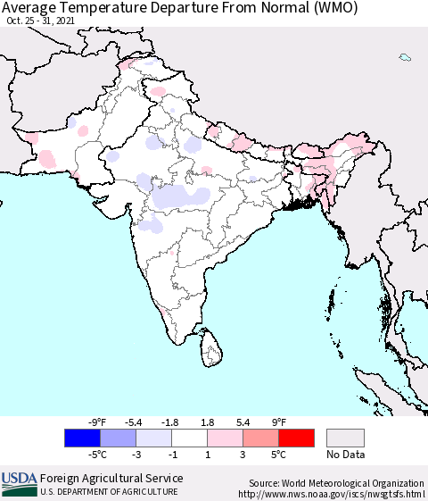 Southern Asia Average Temperature Departure From Normal (WMO) Thematic Map For 10/25/2021 - 10/31/2021