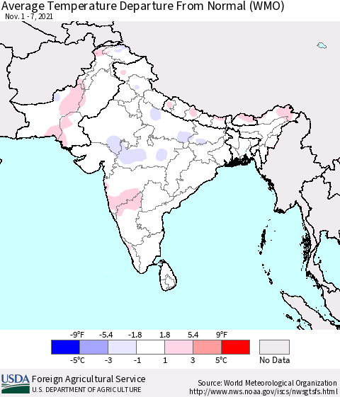 Southern Asia Average Temperature Departure from Normal (WMO) Thematic Map For 11/1/2021 - 11/7/2021