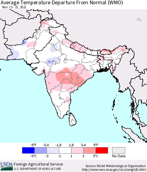 Southern Asia Average Temperature Departure from Normal (WMO) Thematic Map For 11/15/2021 - 11/21/2021