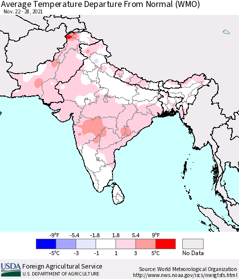 Southern Asia Average Temperature Departure from Normal (WMO) Thematic Map For 11/22/2021 - 11/28/2021