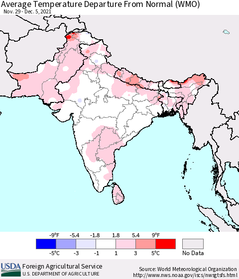 Southern Asia Average Temperature Departure from Normal (WMO) Thematic Map For 11/29/2021 - 12/5/2021