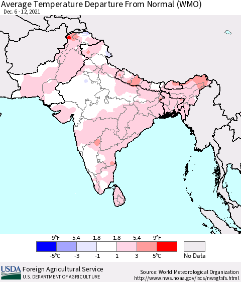 Southern Asia Average Temperature Departure from Normal (WMO) Thematic Map For 12/6/2021 - 12/12/2021