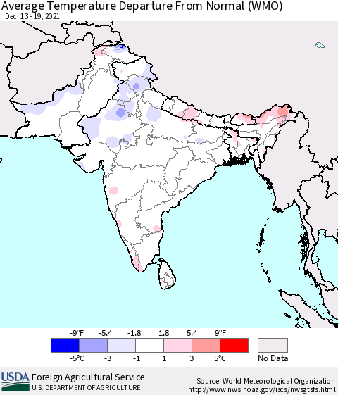 Southern Asia Average Temperature Departure from Normal (WMO) Thematic Map For 12/13/2021 - 12/19/2021