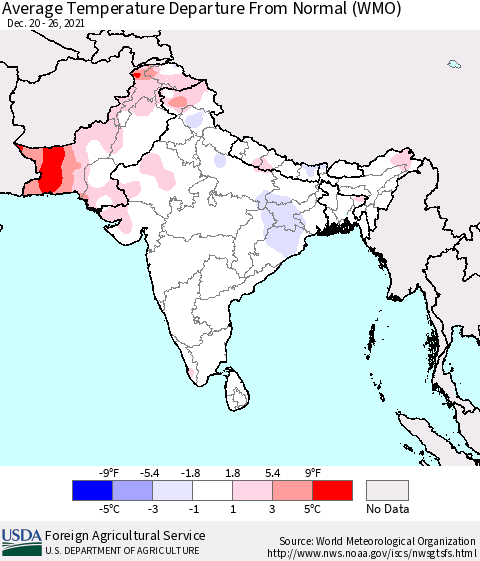 Southern Asia Average Temperature Departure from Normal (WMO) Thematic Map For 12/20/2021 - 12/26/2021