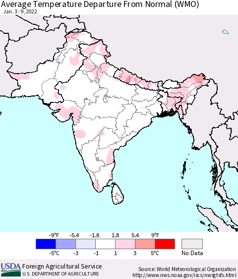 Southern Asia Average Temperature Departure from Normal (WMO) Thematic Map For 1/3/2022 - 1/9/2022