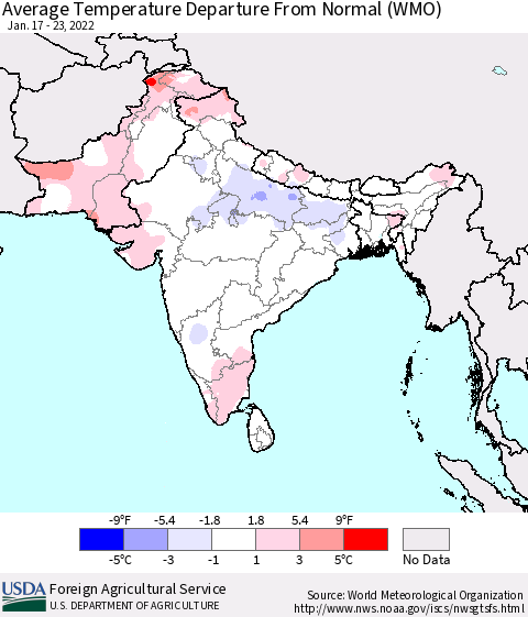 Southern Asia Average Temperature Departure from Normal (WMO) Thematic Map For 1/17/2022 - 1/23/2022