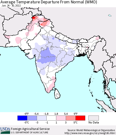 Southern Asia Average Temperature Departure from Normal (WMO) Thematic Map For 1/24/2022 - 1/30/2022
