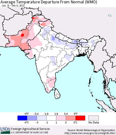 Southern Asia Average Temperature Departure from Normal (WMO) Thematic Map For 1/31/2022 - 2/6/2022