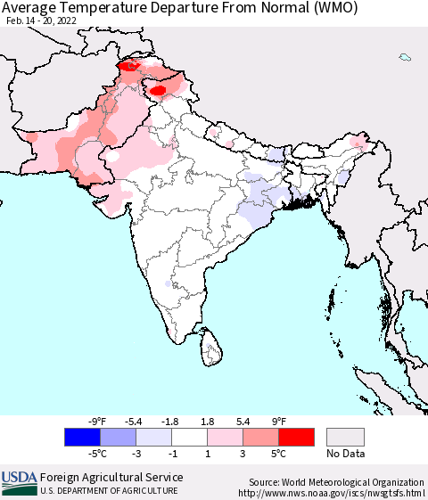 Southern Asia Average Temperature Departure from Normal (WMO) Thematic Map For 2/14/2022 - 2/20/2022
