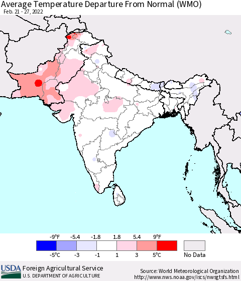 Southern Asia Average Temperature Departure from Normal (WMO) Thematic Map For 2/21/2022 - 2/27/2022