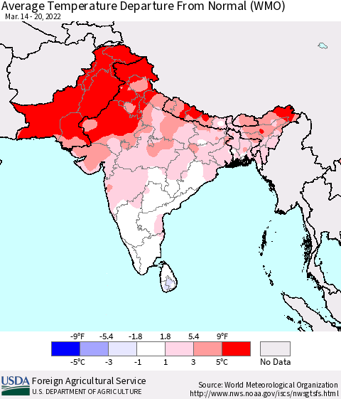 Southern Asia Average Temperature Departure from Normal (WMO) Thematic Map For 3/14/2022 - 3/20/2022