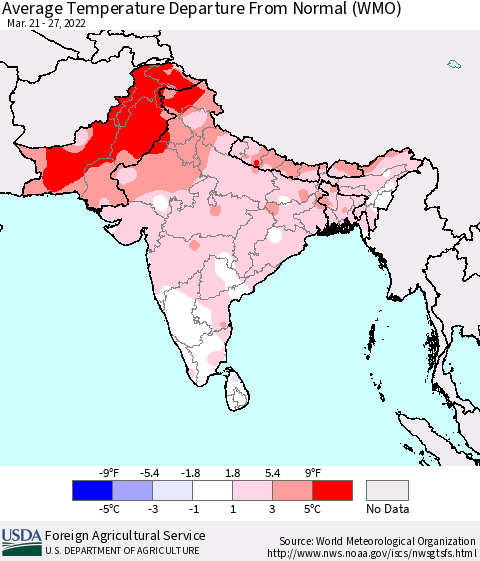 Southern Asia Average Temperature Departure from Normal (WMO) Thematic Map For 3/21/2022 - 3/27/2022