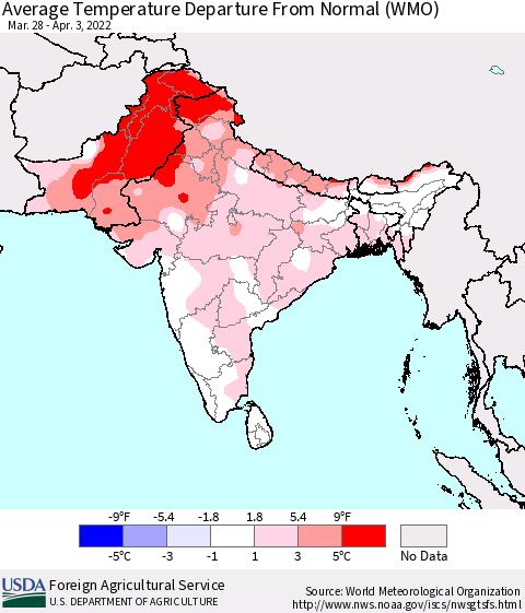 Southern Asia Average Temperature Departure from Normal (WMO) Thematic Map For 3/28/2022 - 4/3/2022