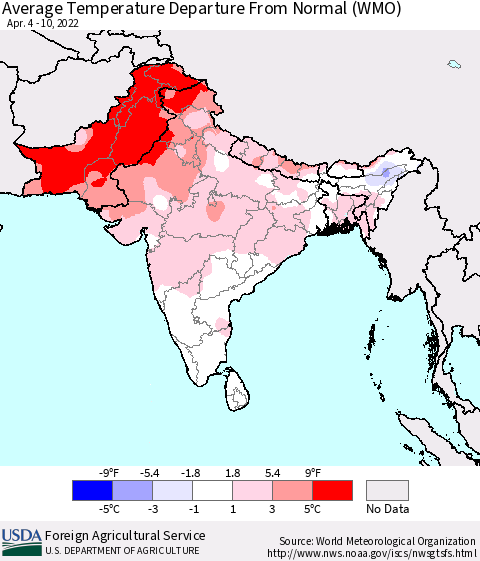 Southern Asia Average Temperature Departure from Normal (WMO) Thematic Map For 4/4/2022 - 4/10/2022