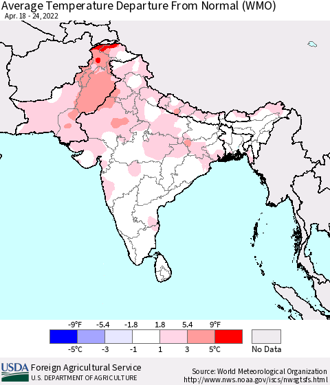 Southern Asia Average Temperature Departure from Normal (WMO) Thematic Map For 4/18/2022 - 4/24/2022