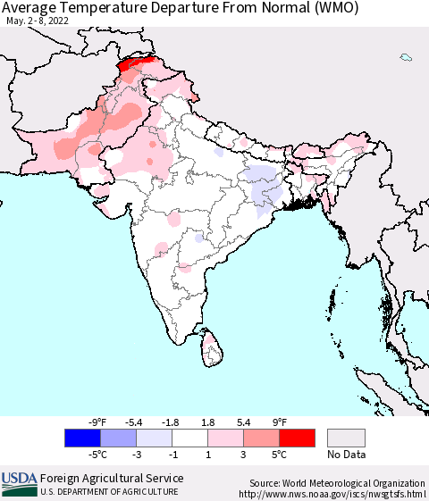 Southern Asia Average Temperature Departure from Normal (WMO) Thematic Map For 5/2/2022 - 5/8/2022