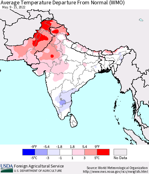 Southern Asia Average Temperature Departure from Normal (WMO) Thematic Map For 5/9/2022 - 5/15/2022