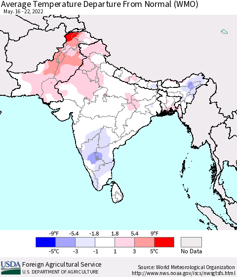 Southern Asia Average Temperature Departure from Normal (WMO) Thematic Map For 5/16/2022 - 5/22/2022