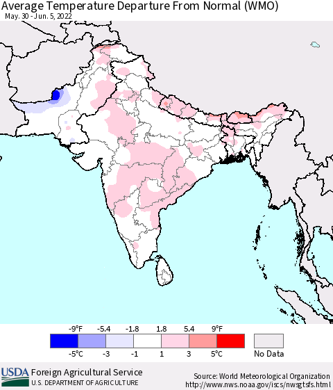 Southern Asia Average Temperature Departure from Normal (WMO) Thematic Map For 5/30/2022 - 6/5/2022