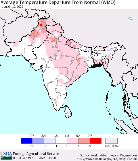 Southern Asia Average Temperature Departure from Normal (WMO) Thematic Map For 6/6/2022 - 6/12/2022