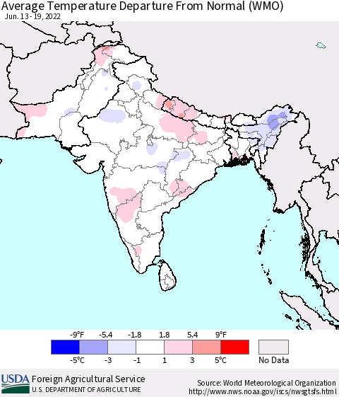 Southern Asia Average Temperature Departure from Normal (WMO) Thematic Map For 6/13/2022 - 6/19/2022