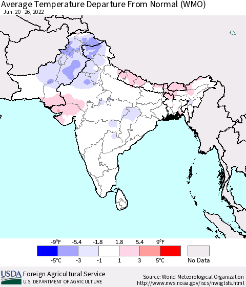Southern Asia Average Temperature Departure from Normal (WMO) Thematic Map For 6/20/2022 - 6/26/2022