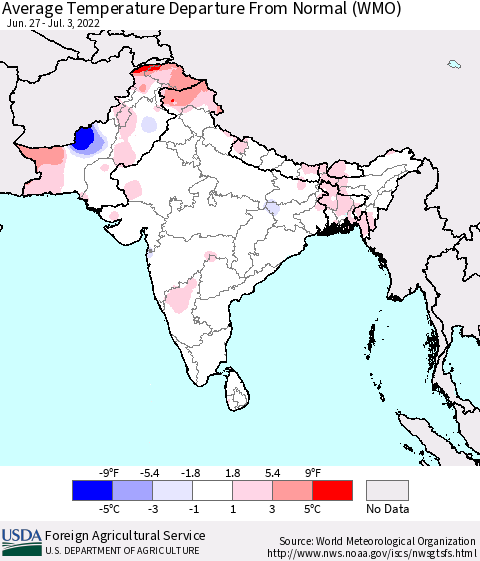 Southern Asia Average Temperature Departure from Normal (WMO) Thematic Map For 6/27/2022 - 7/3/2022
