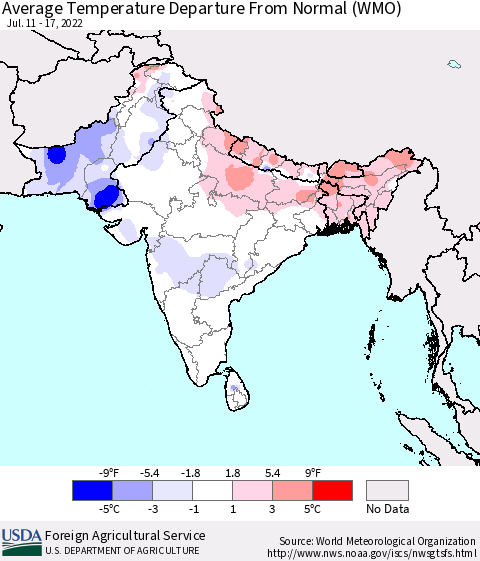 Southern Asia Average Temperature Departure from Normal (WMO) Thematic Map For 7/11/2022 - 7/17/2022