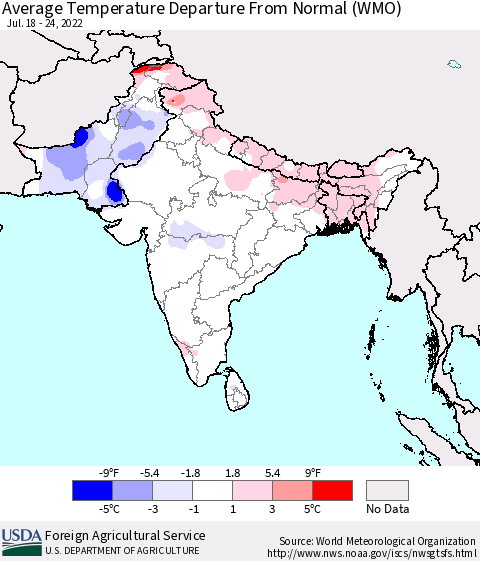 Southern Asia Average Temperature Departure from Normal (WMO) Thematic Map For 7/18/2022 - 7/24/2022
