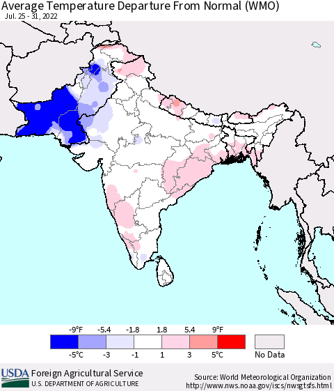 Southern Asia Average Temperature Departure from Normal (WMO) Thematic Map For 7/25/2022 - 7/31/2022