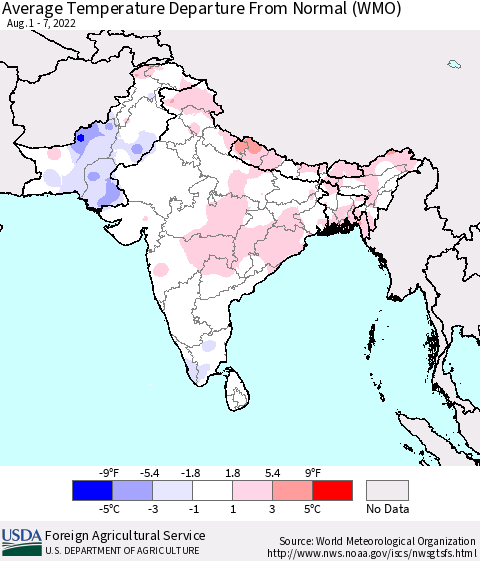 Southern Asia Average Temperature Departure from Normal (WMO) Thematic Map For 8/1/2022 - 8/7/2022