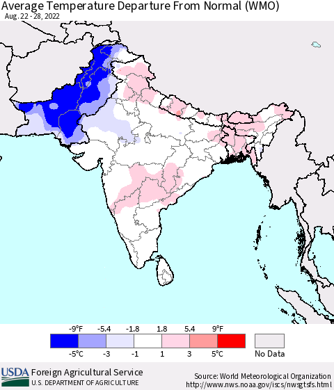 Southern Asia Average Temperature Departure from Normal (WMO) Thematic Map For 8/22/2022 - 8/28/2022