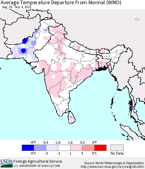 Southern Asia Average Temperature Departure from Normal (WMO) Thematic Map For 8/29/2022 - 9/4/2022